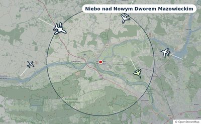 Mapa okolic miasta z sylwetkami samolotów — Niebo nad Nowym Dworem Mazowieckim